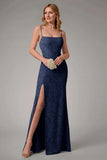 Dusty Blue Sheath Espaghetti Correias Vestido Madrinha com Fenda