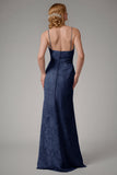 Dusty Blue Sheath Espaghetti Correias Vestido Madrinha com Fenda