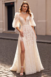 Marfim De Baile/Princesa Renda Vestidos de Noiva com Fenda