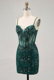 Bodycon Verde Escuro Backless Sheer Corset Homecoming Dress com Sequins
