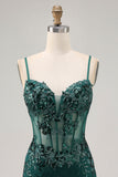 Bodycon Verde Escuro Backless Sheer Corset Homecoming Dress com Sequins