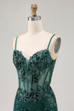 Bodycon Verde Escuro Backless Sheer Corset Homecoming Dress com Sequins