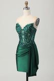 Sparkly Dark Green Espartilho sem alças Sequins Bodycon Homecoming Dress com Streamer