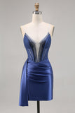 Navy cetim espartilho espartilho Homecoming Dress com Sash