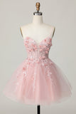 Espartilho cor-de-rosa A Line Short Appliqued Homecoming Dress with Beading