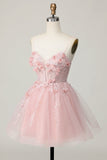 Espartilho cor-de-rosa A Line Short Appliqued Homecoming Dress with Beading