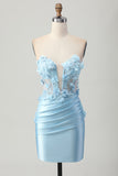 Céu Azul Cetim Espartilho Brilhante Mini Vestido Cocktail
