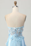 Céu Azul Cetim Espartilho Brilhante Mini Vestido Cocktail