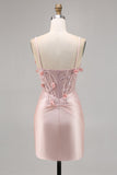 Corset de cetim rosa Bodycon Homecoming Dress com apliques