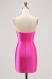 Fuchsia Strapless friso bodycon Homecoming vestido com fenda