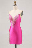 Fuchsia Strapless friso bodycon Homecoming vestido com fenda