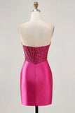 Sparkly Fuchsia Corset Tight Satin Short Homecoming Vestido
