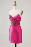 Sparkly Fuchsia Corset Tight Satin Short Homecoming Vestido