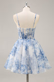 Flor Azul Branca Uma Linha Corset Ruched Homecoming Dress
