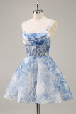 Flor Azul Branca Uma Linha Corset Ruched Homecoming Dress