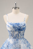 Flor Azul Branca Uma Linha Corset Ruched Homecoming Dress