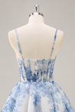 Flor Azul Branca Uma Linha Corset Ruched Homecoming Dress