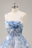 Flor Azul Branca Uma Linha Corset Ruched Homecoming Dress