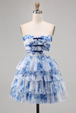Uma linha sem alças espartilho em camadas branco azul flor Homecoming vestido com renda para trás