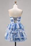 Uma linha sem alças espartilho em camadas branco azul flor Homecoming vestido com renda para trás