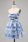 Uma linha sem alças espartilho em camadas branco azul flor Homecoming vestido com renda para trás