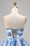 Uma linha sem alças espartilho em camadas branco azul flor Homecoming vestido com renda para trás