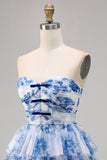 Uma linha sem alças espartilho em camadas branco azul flor Homecoming vestido com renda para trás