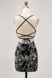 Preto Bodycon Vestido Curto Floral Homecoming com Sequins