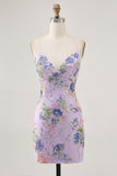 Bodycon Vestido Curto Pavão Floral Homecoming com Sequins