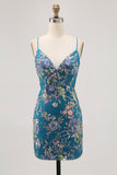 Bodycon Vestido Curto Pavão Floral Homecoming com Sequins