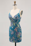 Bodycon Vestido Curto Pavão Floral Homecoming com Sequins