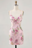 Bodycon Vestido Curto Pavão Floral Homecoming com Sequins