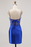 Royal Blue Sheer Corset plissado vestido apertado Homecoming com fenda