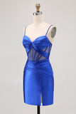 Royal Blue Sheer Corset plissado vestido apertado Homecoming com fenda