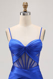Royal Blue Sheer Corset plissado vestido apertado Homecoming com fenda