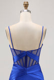 Royal Blue Sheer Corset plissado vestido apertado Homecoming com fenda