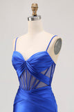 Royal Blue Sheer Corset plissado vestido apertado Homecoming com fenda