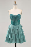 Peacock Verde A-Line Corset Tiered Strapless Homecoming Vestido