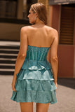 Peacock Verde A-Line Corset Tiered Strapless Homecoming Vestido