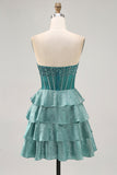 Peacock Verde A-Line Corset Tiered Strapless Homecoming Vestido
