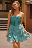 Peacock Verde A-Line Corset Tiered Strapless Homecoming Vestido
