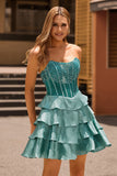 Peacock Verde A-Line Corset Tiered Strapless Homecoming Vestido