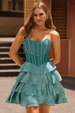 Peacock Verde A-Line Corset Tiered Strapless Homecoming Vestido
