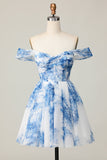 Fora do ombro branco azul flor uma linha curto homecoming vestido