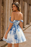 Fora do ombro branco azul flor uma linha curto homecoming vestido