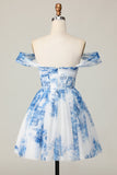 Fora do ombro branco azul flor uma linha curto homecoming vestido