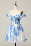 Flor azul branca fora do ombro uma linha vestido curto Homecoming