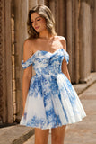 Fora do ombro branco azul flor uma linha curto homecoming vestido