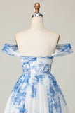 Flor azul branca fora do ombro uma linha vestido curto Homecoming