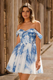 Fora do ombro branco azul flor uma linha curto homecoming vestido